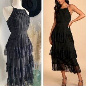 ❤️ Lulus Came For Cocktails Black Pleated Tiered Lace Maxi Dress XS